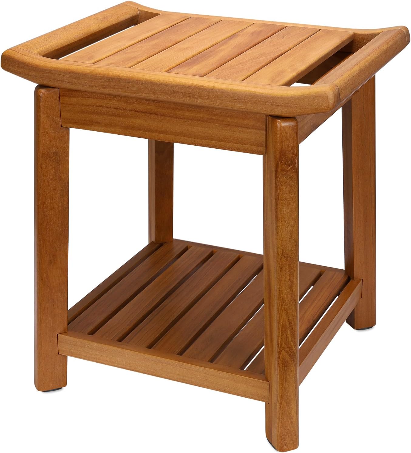 17" Teak Shower Chair with Storage Shelf & Handle, Non-Slip Waterproof Wooden Shower Bench, Stable Bathroom Seat and Heavy Duty Shower Stool for Tub or Indoor Use, Ideal for Elderly, Recovery