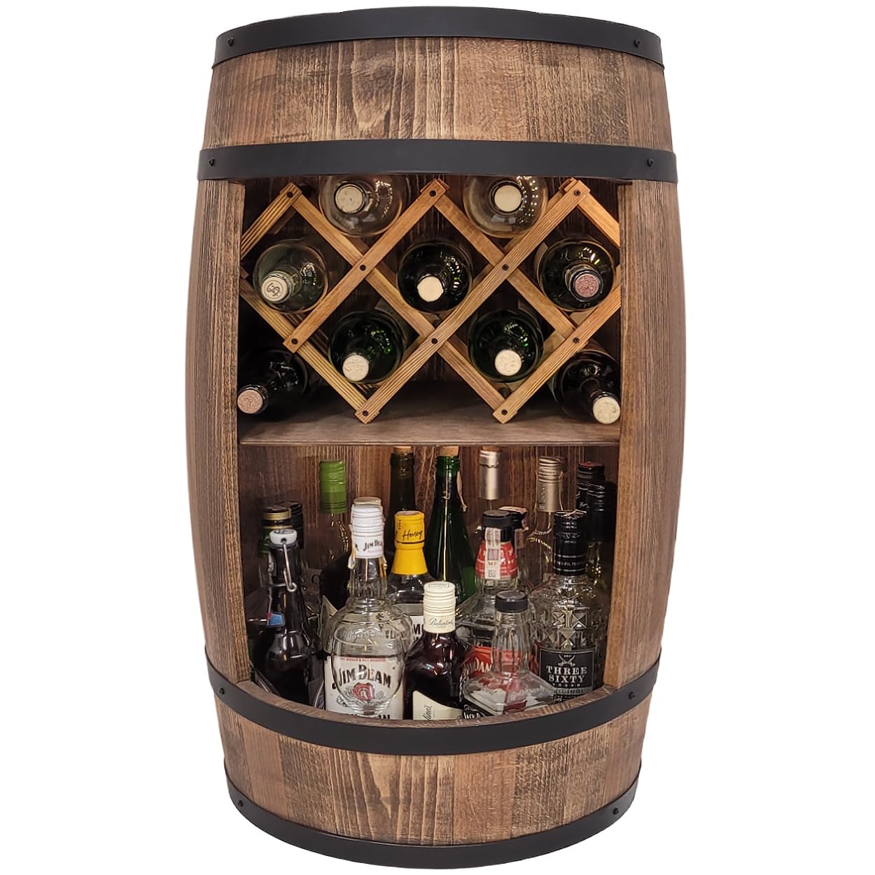 weeco Montabile con illuminazione a LED e portabottiglie per vino, Barile In Legno, decorazione rustica, armadietto da bar, portabottiglie, portabottiglie di vino, Mobilie a forma di botte 80cm wengé