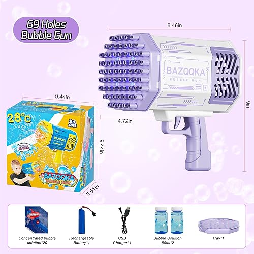Miniatura 4 de Pistola de burbujas de bazuca con solución de lucesburbujas, 69 agujeros, pistolas de burbujas, juguetes para niños y niñas a partir de 3 años,