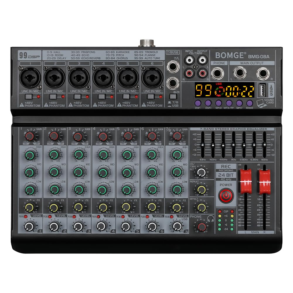 BOMGE Mixeur audio DJ professionnel à 8 canaux, mixeur sonore avec 99 effets DSP/égaliseur 7 bandes/clé USB/Bluetooth/ordinateur/fantôme 48 V pour enregistrement sur PC, karaoké, studio de streaming