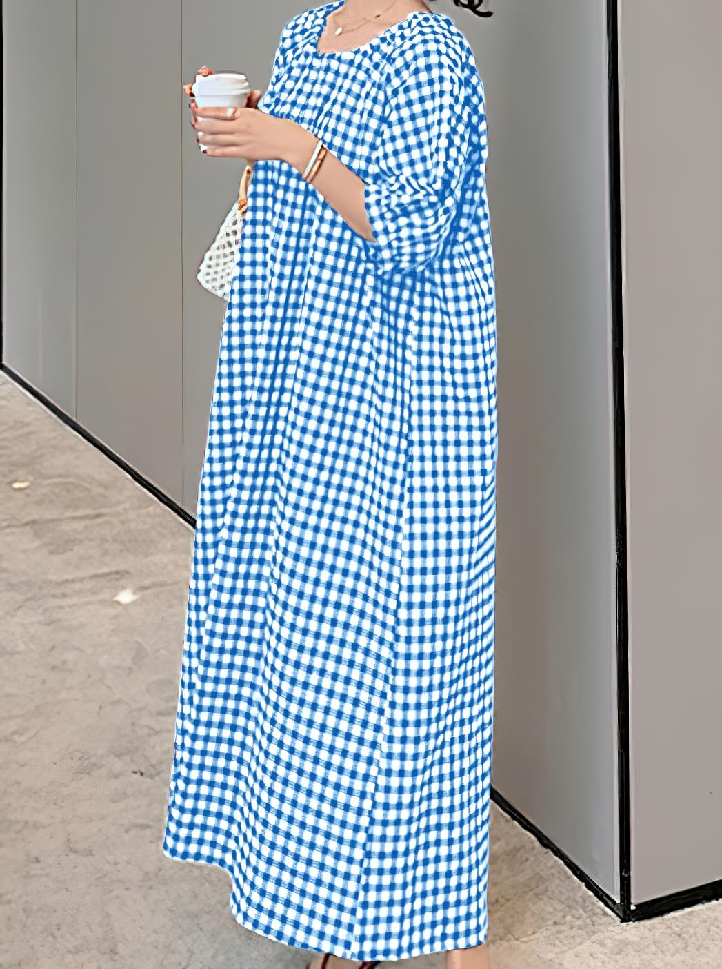 chouyatou Women's Casual Gingham Loose-Fit Swing Dress Cotton Lantern Puff Sleeve Plaid Midi Long Dress - Image 5