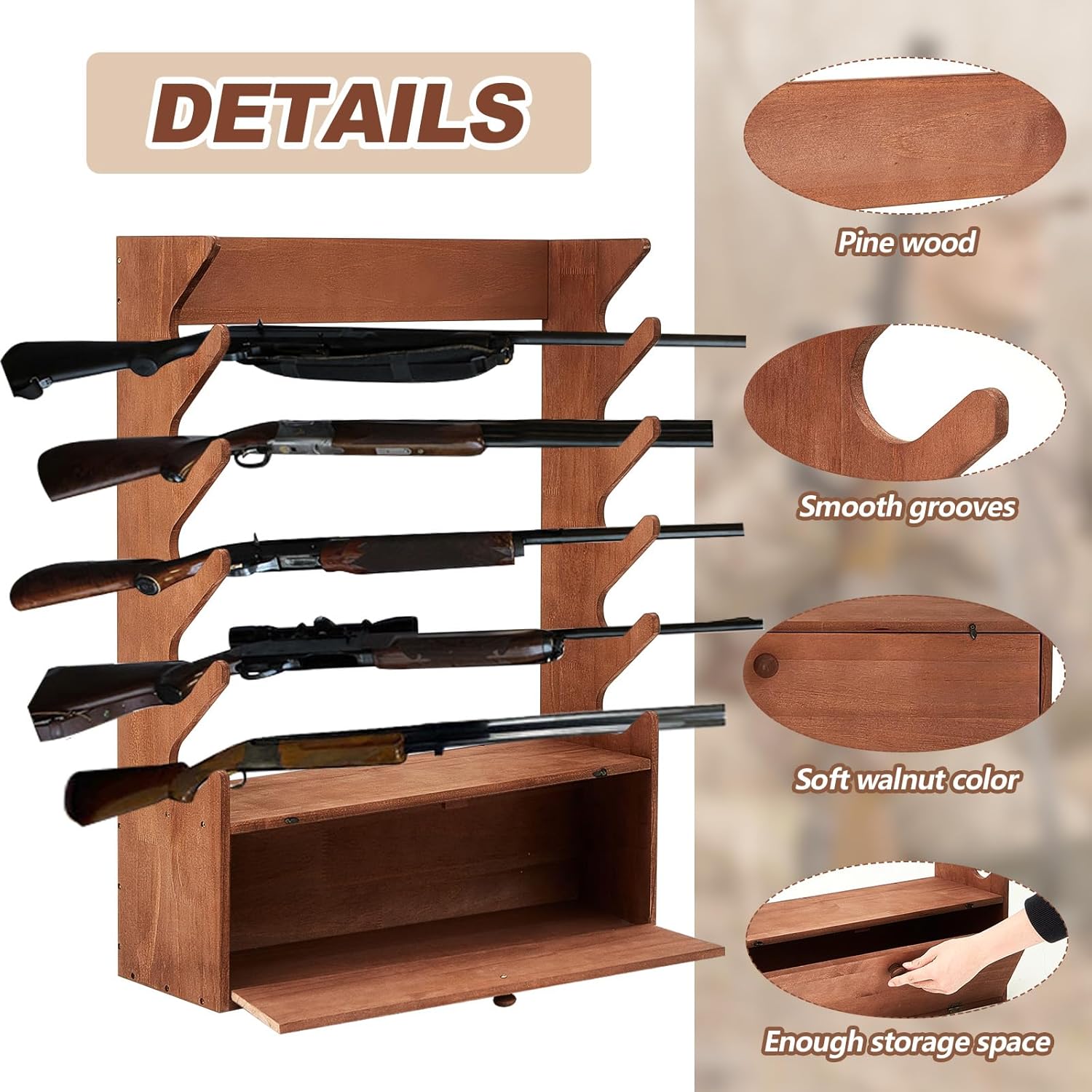GlikCeil Walnut Color Gun Display Rack Pine Wood Firearm Display Rack Indoor Gun Cabinet Gun Shelf Rifle Display Case with Storage Compartment for Gun Accessories