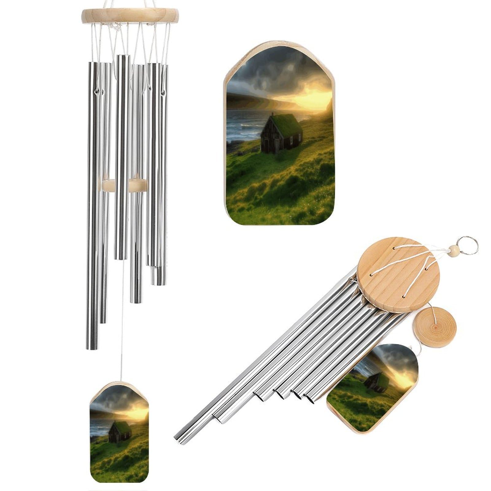 Btcowzrv Style Iceland Hut Grass Coast Sea Sun Rays Wind Chimes For Outside, Hanging Windchimes With 6 Aluminum Tubes, Memorial Wind Chime For Patio Backyard Garden And Outdoor Decor