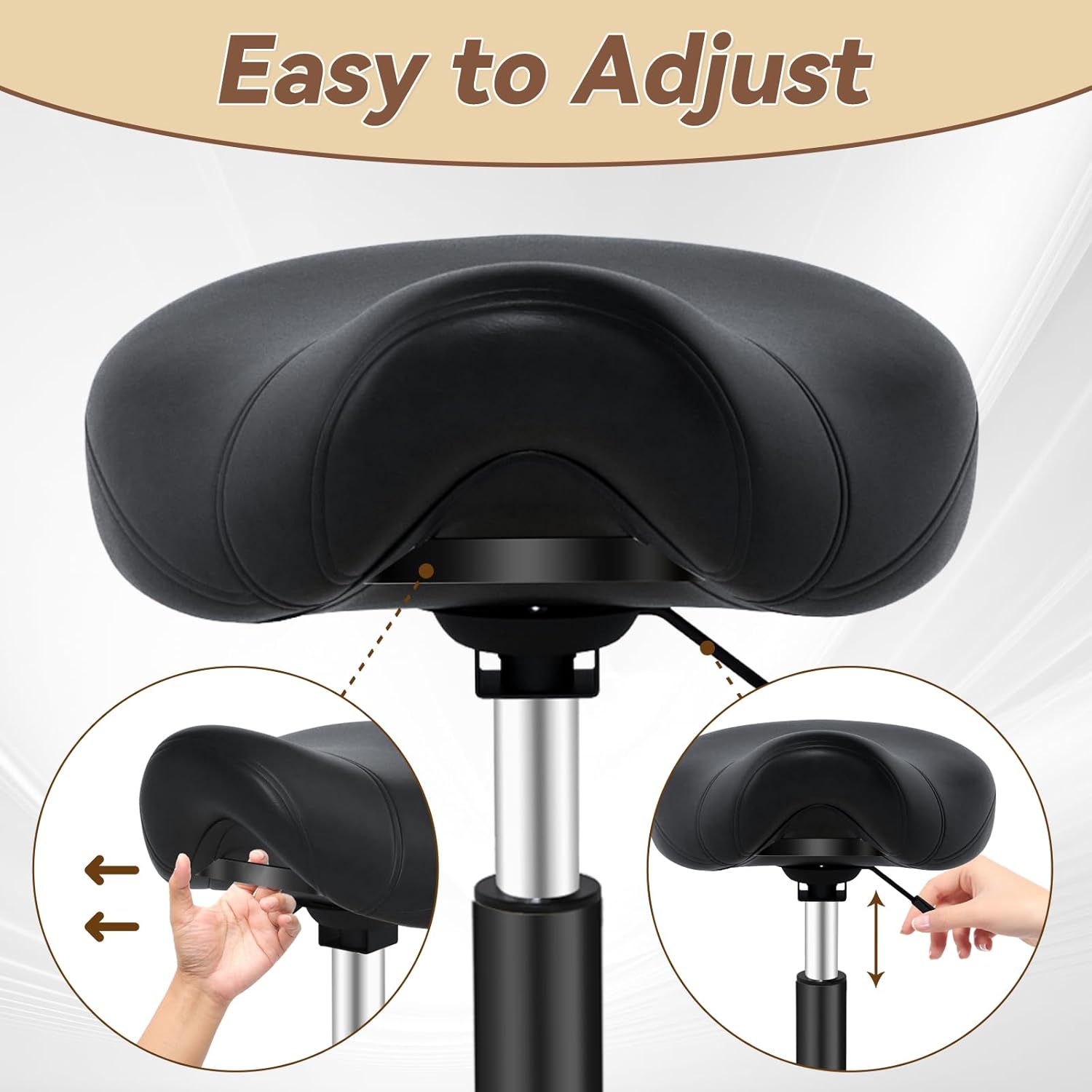 Saddle Stool Heavy Duty 400lbs - Ergonomic Thick Saddle Seat Cushion, Easy Height Adjustable, Healthy Posture No Pain, Smooth Rolling No Creaky Noises, Rolling Saddle Stool Chair with Wheels (Black1) - Image 9