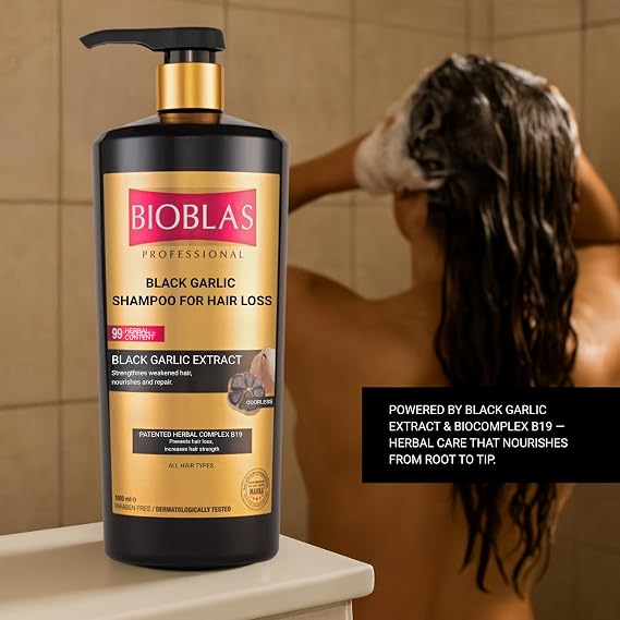 Bioblas Black Garlic Shampoo – Against Hair Loss, Strengthening & Repairing Effect, Organic Olive Oil, 1000 ml