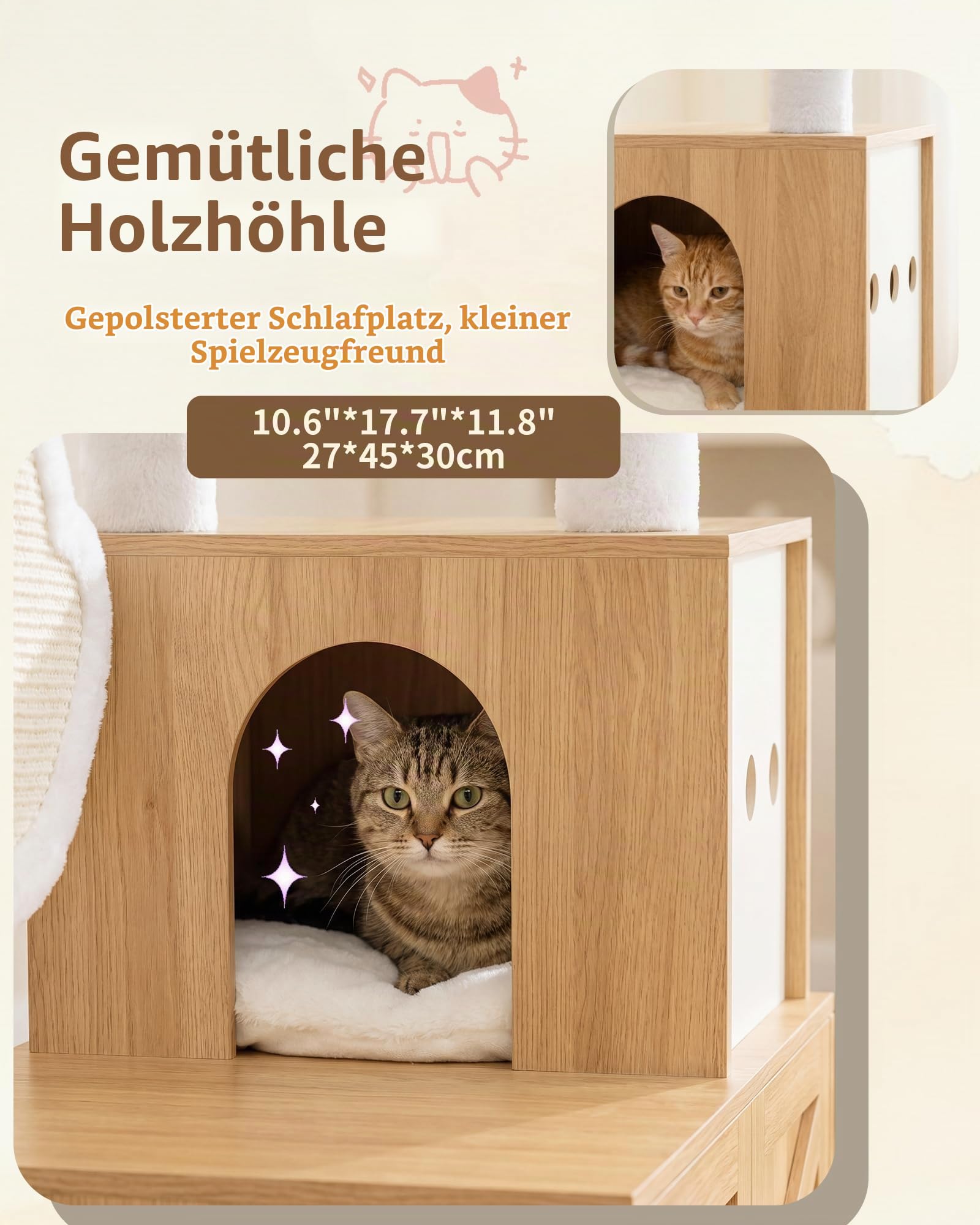 Heybly Kratzbaum mit Katzentoilette Versteck, 162 cm Katzenbaum für Wohnungskatzen, moderner Katzenkratzbaum aus Holz mit Katzenhaus, Liegeflächen, Kratzbrett, Spielzeug, Eiche Weiß HCT105BT