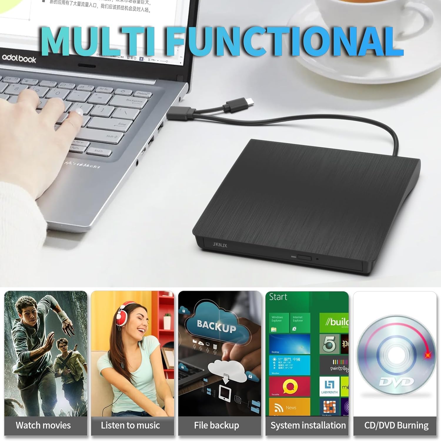 External CD DVD Drive,USB 3.0 and Type-C CD DVD Disc Reader Writer Burner Player,Slim and Portable CD DVD +/-RW Optical Drive for PC Laptop Desktop MacBook Mac Windows 7/8.1/10/11 Linux OS Apple — view 4
