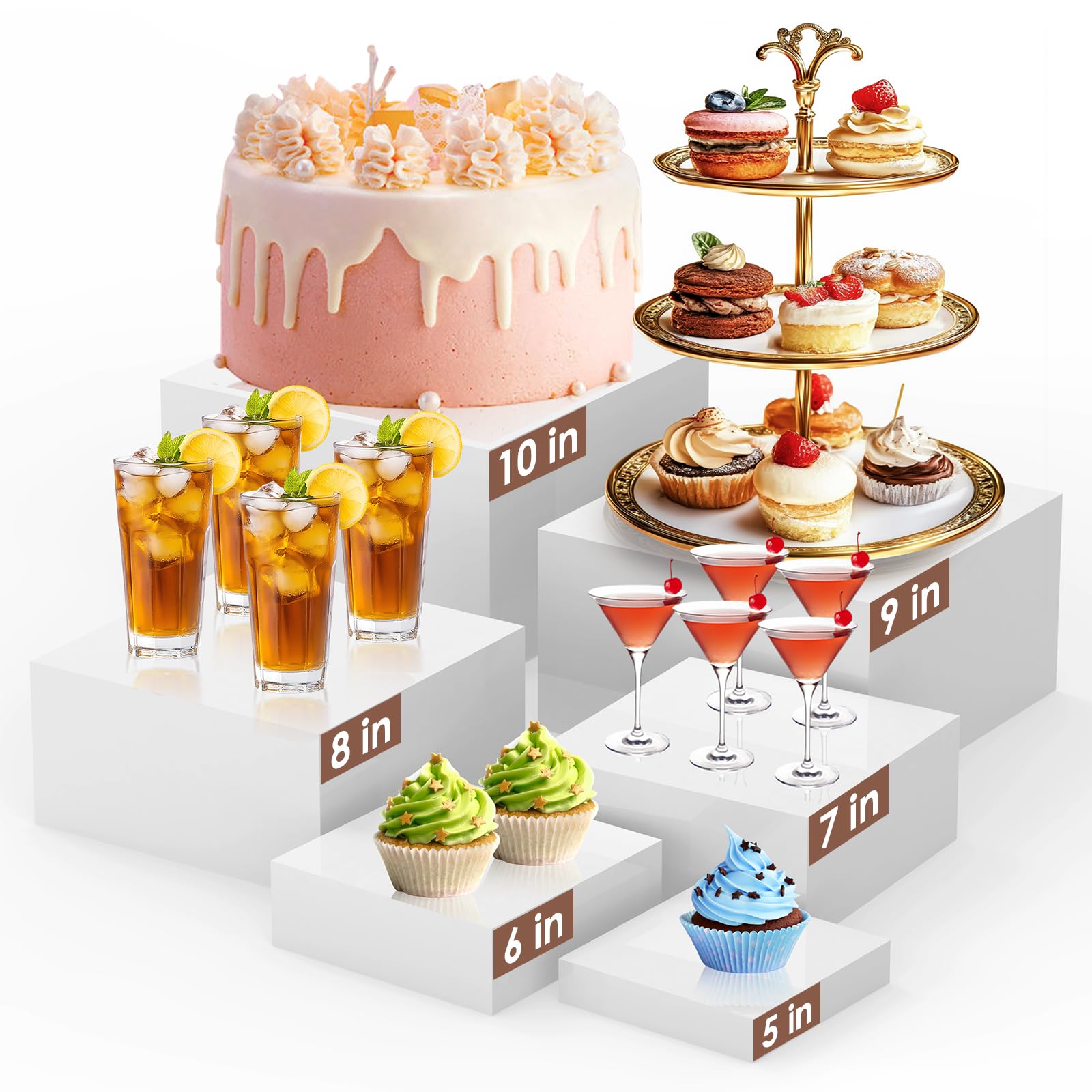 6pcs buffet risersfood risers for buffet table display stand shelf for party catering dessert collectibles acrylic cube boxes display with hollow bottoms white set size 5346347348349341034