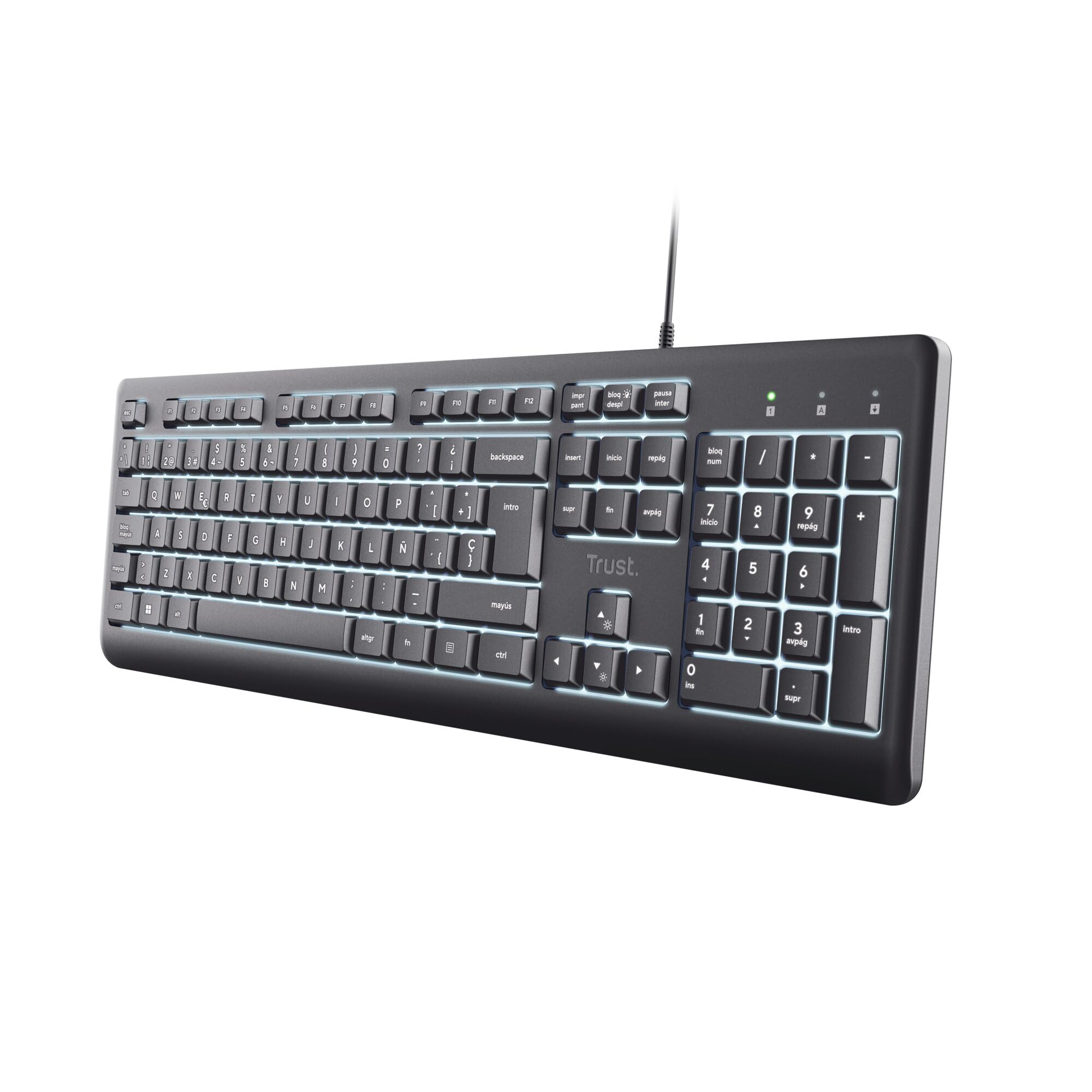 Trust Primo Teclado Iluminado QWERTY Español, Botones Silenciosos, Negro | Cable USB-C / USB-A 1.8m, Teclas de Perfil Bajo, Teclado Resistente a los Vertidos, Windows, Mac, PC, Ordenador, Portátil