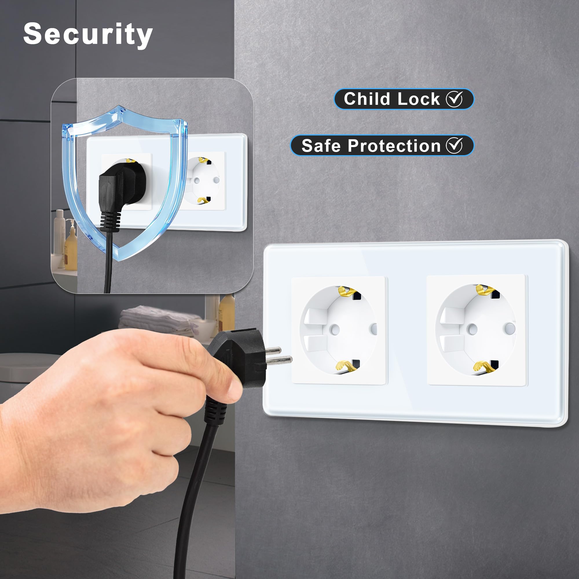 TAWOIA Lot de 6 prises Schuko encastrées à 2 compartiments standard de l'UE avec plaque en verre incurvé 2,5D, prises murales blanches 86 x 157 mm