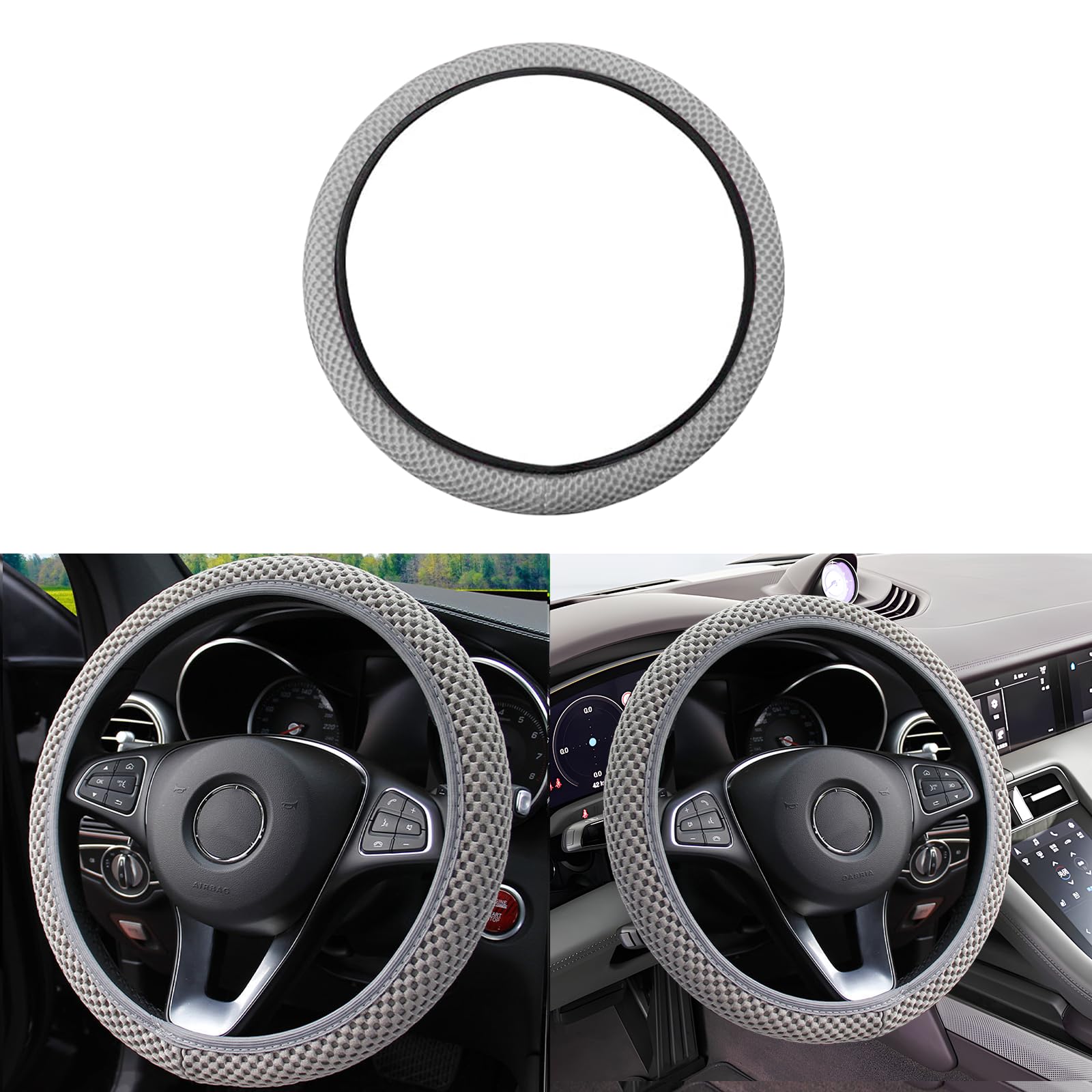 Elastic Stretch Car Steering Wheel Cover, Comfortable Steering Wheel Cover Universal for 14.5-15 Inch, Warm in Winter & Cool in Summer, Anti-Slip Breathable Ice Silk (Gray)