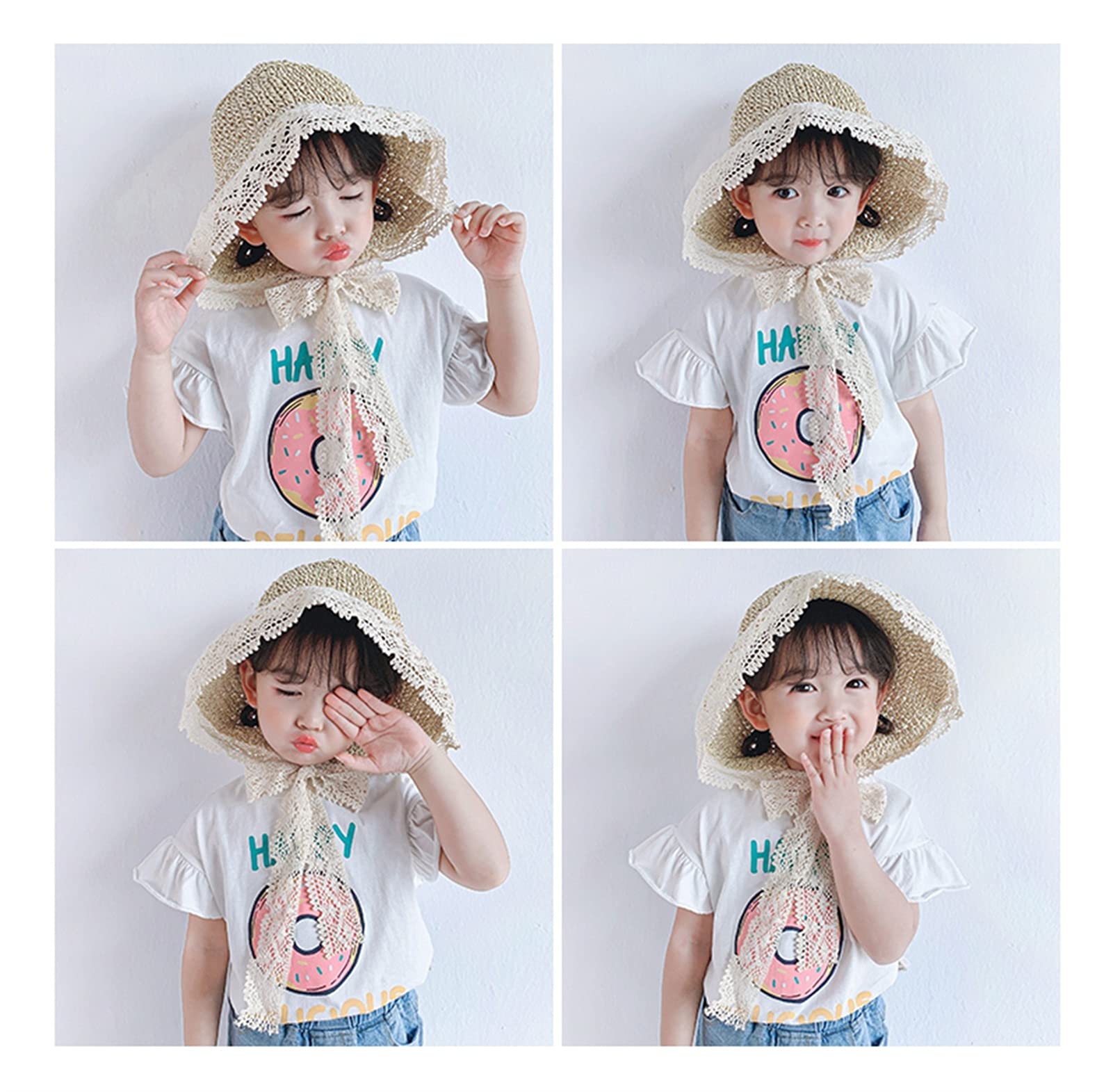 Kinder-Sommerhut, Kinder-Baby-Strohhut, Baby-Eltern-Kind-Mädchen, Frühling und Herbst, Sonnenschutz, Sonnenschutz, Spitze, koreanischer Sommerurlaub, Strandhut (2 L 2 7Y)