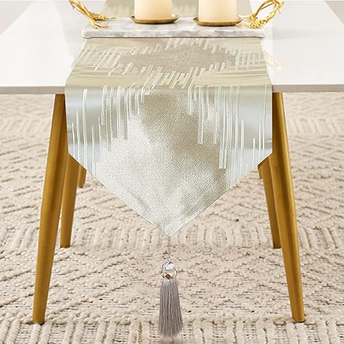 Miniatura 2 de Fullony Caminos de mesa bordados beige de 13 x 72 pulgadas de largo con borlas de lujo, líneas geométricas abstractas modernas para el hogar, sala