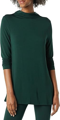 Amazon Essentials Women's Jersey Long-Sleeve Mock Neck Swing Tunic, Deep Green, 