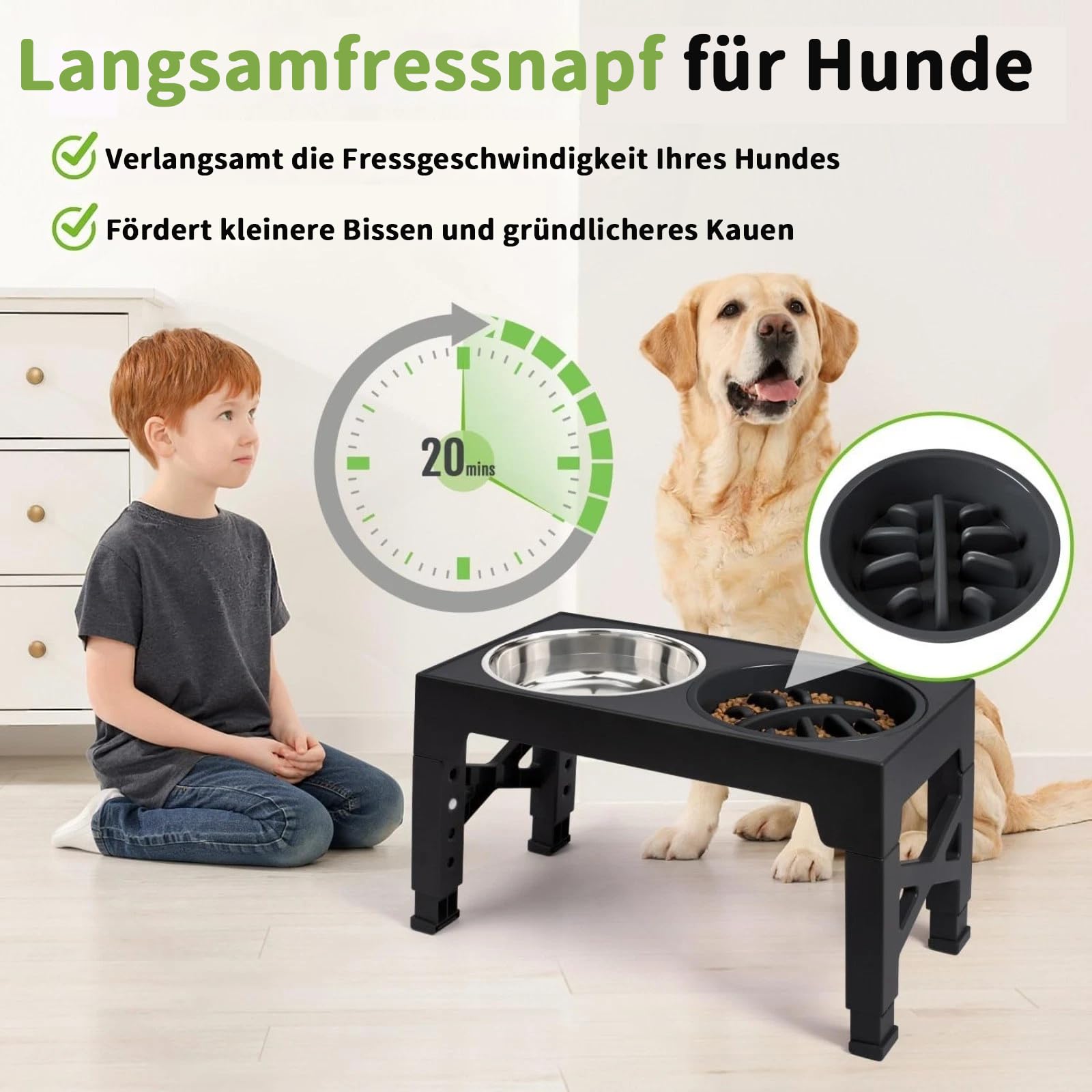Gamelle surélevée pour chien, 5 hauteurs réglables, pour chiens de petite, moyenne et grande taille, 2 grands bols en acier inoxydable épais, 1 gamelle antidérapante lente (2 gamelles en acier