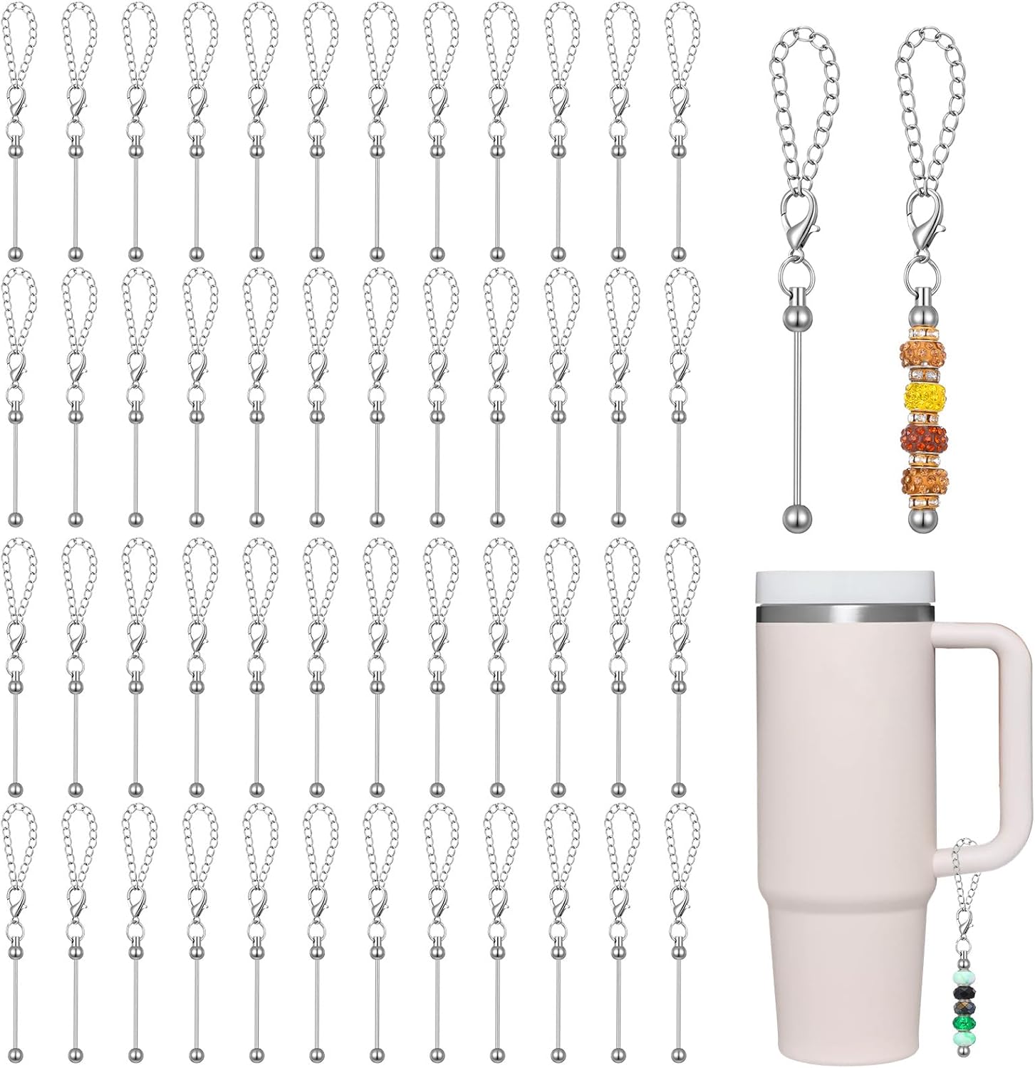 48-Pack Beaded Cup Charms for Tumblers, DIY Stainless Steel Keychain Accessories Compatible with Cups, Bulk Bar Chain for Personalized Crafts, Gifts, and Bottle Decor
