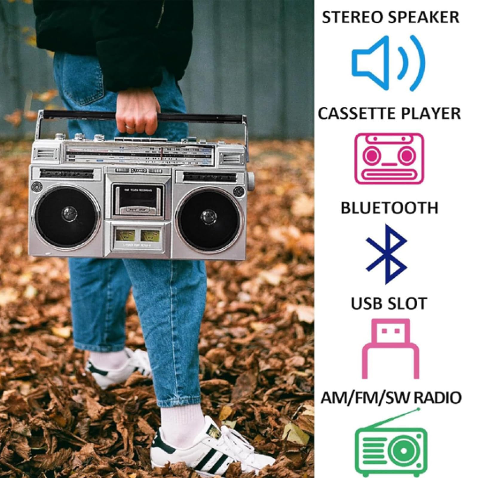 Reproductor CD Retro, Radiocasete PortáTil Estilo AñOs 80 con Altavoces EstéReo, RecepcióN Radio Multibanda, Radio Am/FM, Distancia TransmisióN 10M para Reuniones Familiares Y Viajes,Black