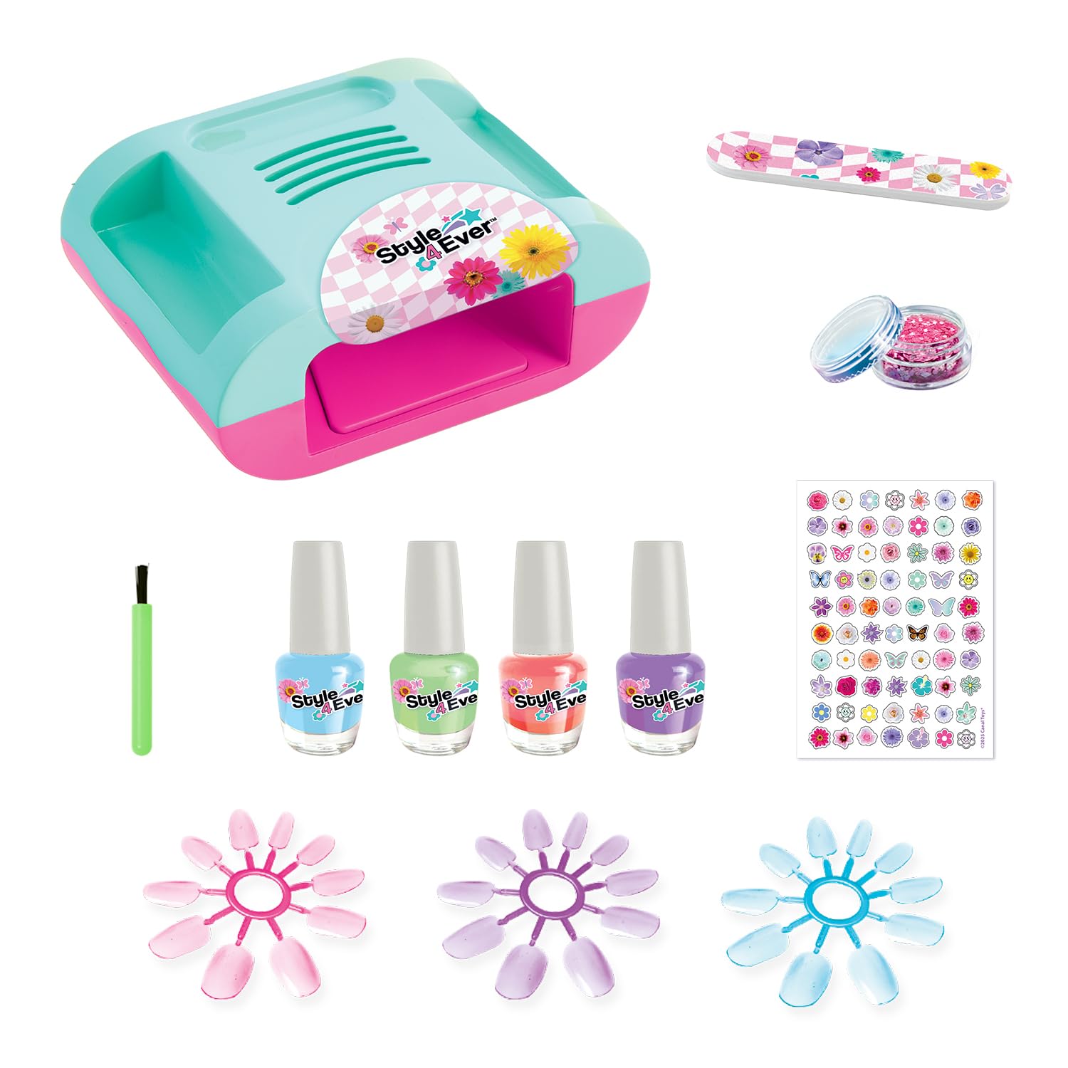 Canal Toys Style 4 Ever – Set de Manucure Bloom – 4 Vernis, Séchoir à Ongles, Faux Ongles, Paillettes et Stickers – Kit Créatif Nail Art Enfant 8+ Ans- Idée Cadeau Beauté – OFG364