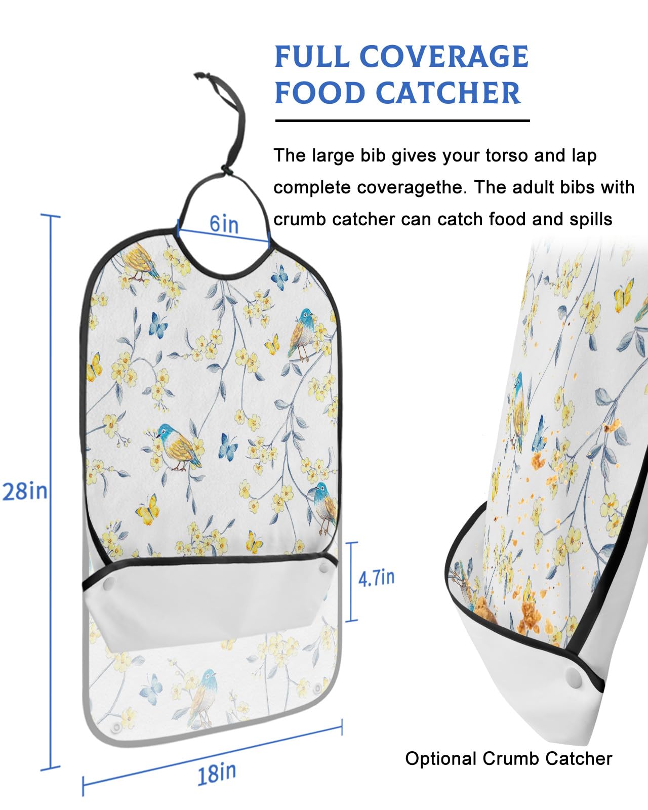 LEOKOTI Yellow Spring Floral Adult Bibs for Eating, Waterproof Bibs with Food Catcher & Adjustable Snap Closure, Watercolor Summer Birds Butterfly Washable Clothing Protectors Adult Bibs for Elderly
