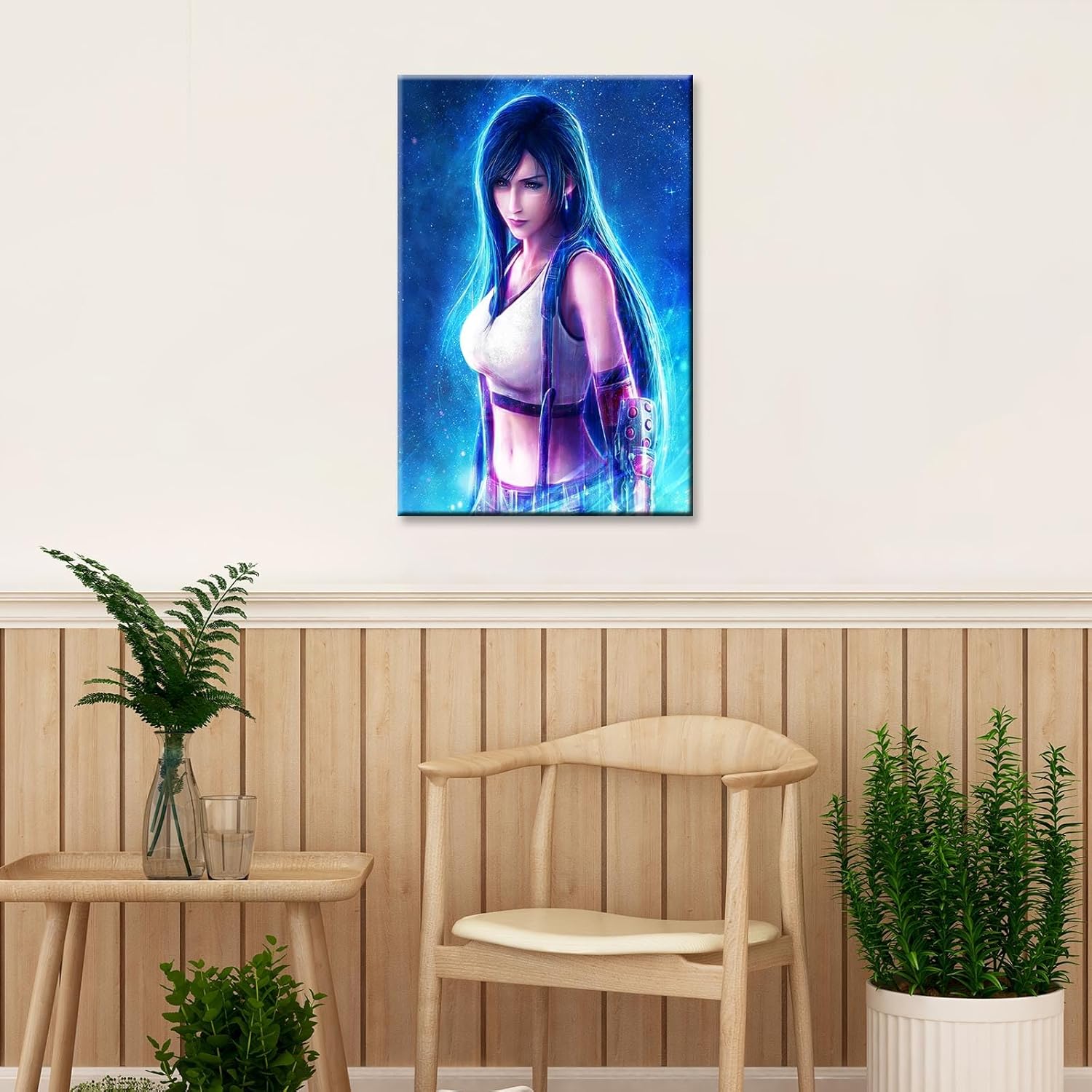 Final of Fantasy VII Tifa Poster Fine Art Print (Combat Gauntlet & Neon Blue Light Effect) Wall Art for Final of Fantasy Fans(16x24inchs，Unframed)