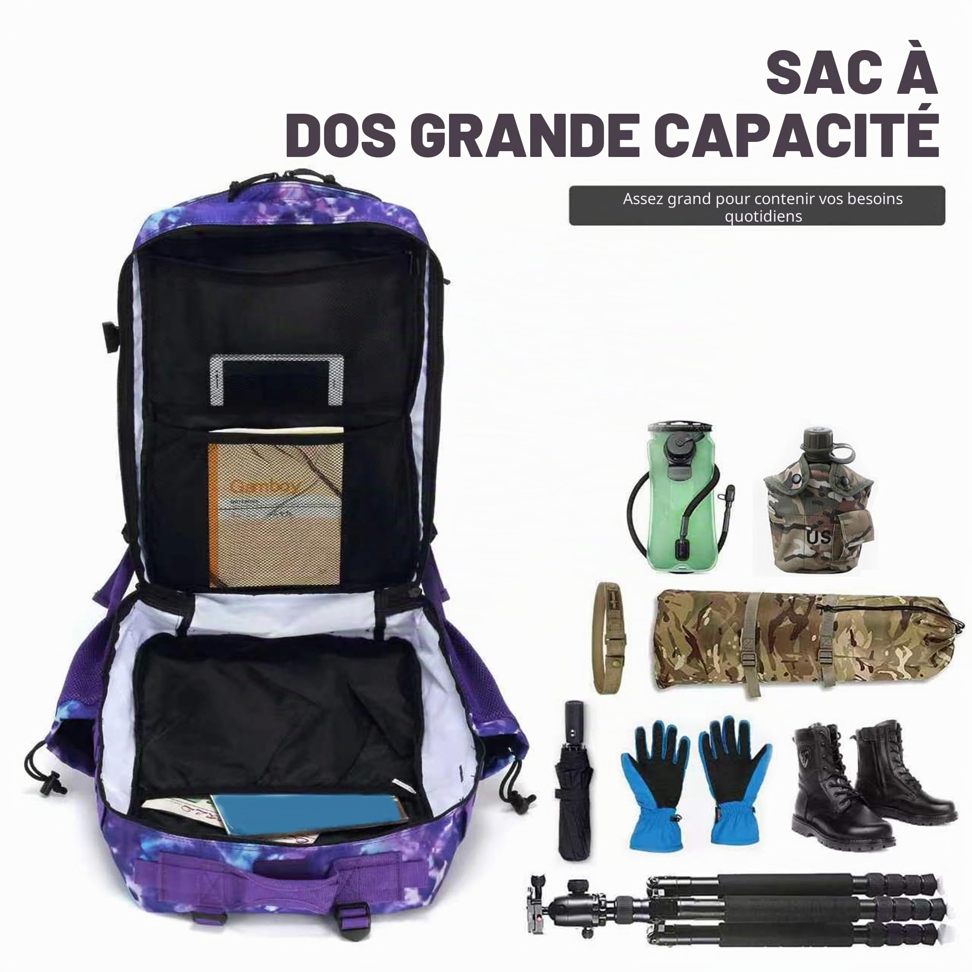 Lovelinks21 Sac à dos tactique d'assaut de 45 l avec sac à dos imperméable Molle pour sacs à dos tactiques, violet/camouflage, Large, Sac à dos