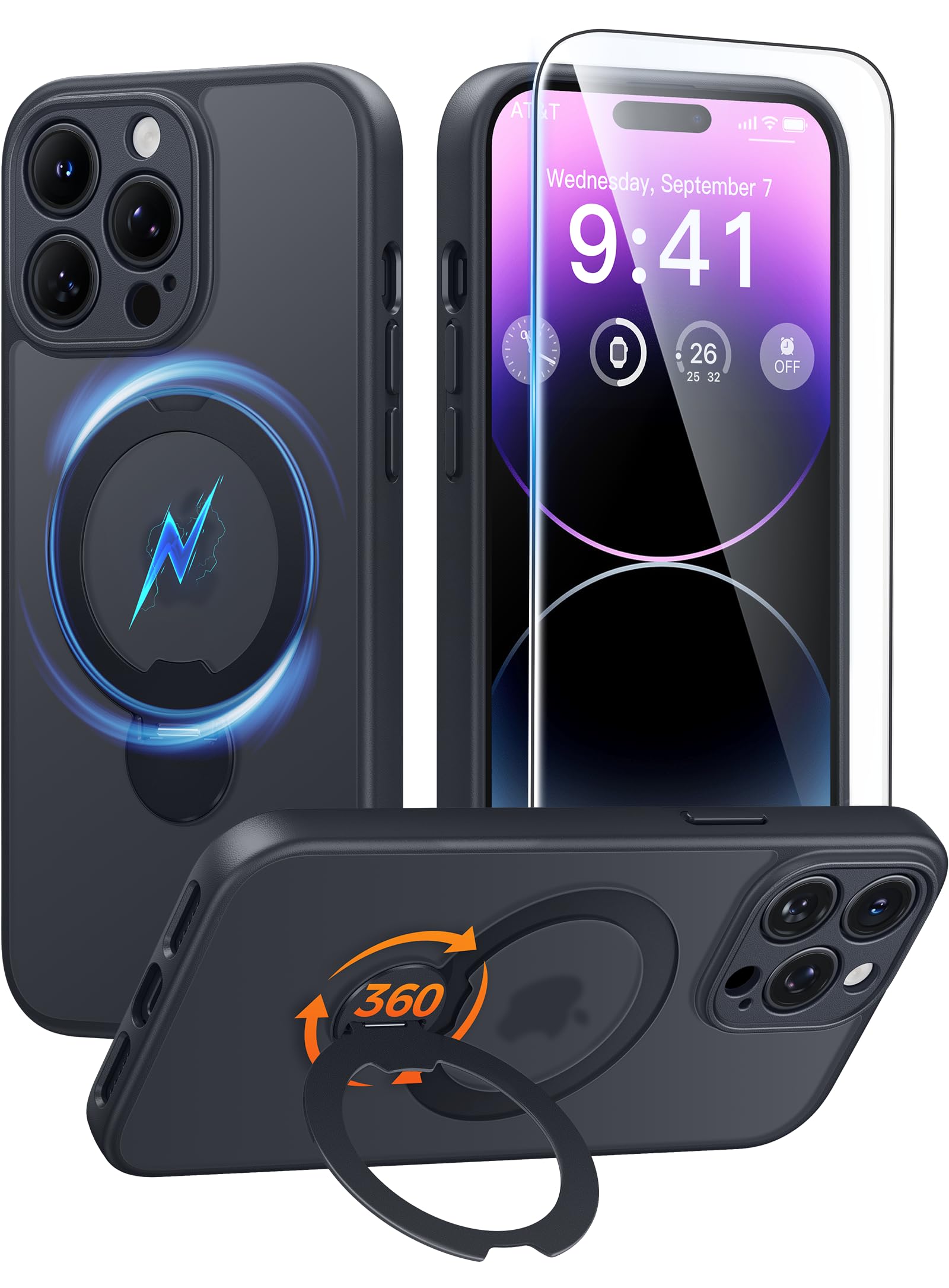 FNTCASE Funda para iPhone 14 Pro: soporte magnético de giro de 360 grados, compatible con Magsafe, protector de pantalla, translúcido mate, grado militar, a prueba de golpes, funda protectora de