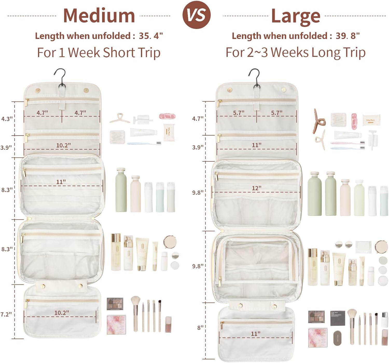 PACKISM Hanging Travel Toiletry Bag for Women - Quilted Plaid PU Leather Travel Makeup Bag with Detachable Bag, Waterproof Cosmetic Bag for Full-Sized Toiletries Fit Bathroom Cruise, Off-white (M) - Image 3