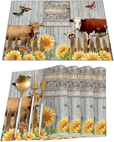 Juego de 4 manteles individuales con diseño de girasol, diseño de vaca y animales de granja con cita familiar This is Our Life, resistente a las