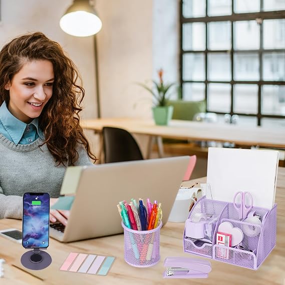 Desk Organizer and Accessories Office Supplies 15 HP Set with Stapler Staple Remover Pen Holder Clip Set Tape Dispenser Tape Phone Holder 1000 Staples Ruler Scissors (Purple)