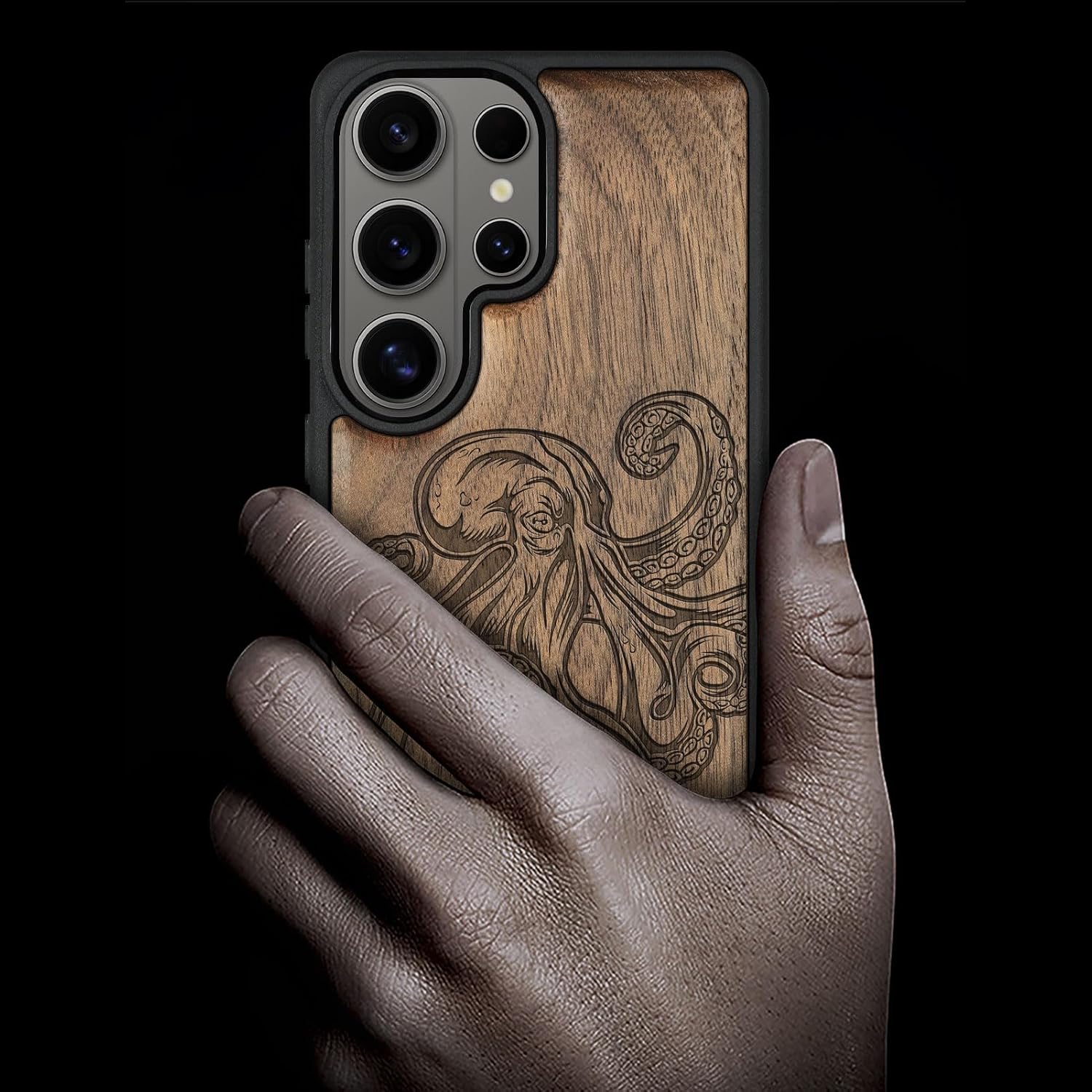 Carveit Magnetic Wooden Case for Samsung Galaxy S26 Ultra Case 2026, TPU Shockproof Cover & Wood Artisan Engraved, Compatible with MagSafe Wireless Chargers (Octopus Drawing) Walnut