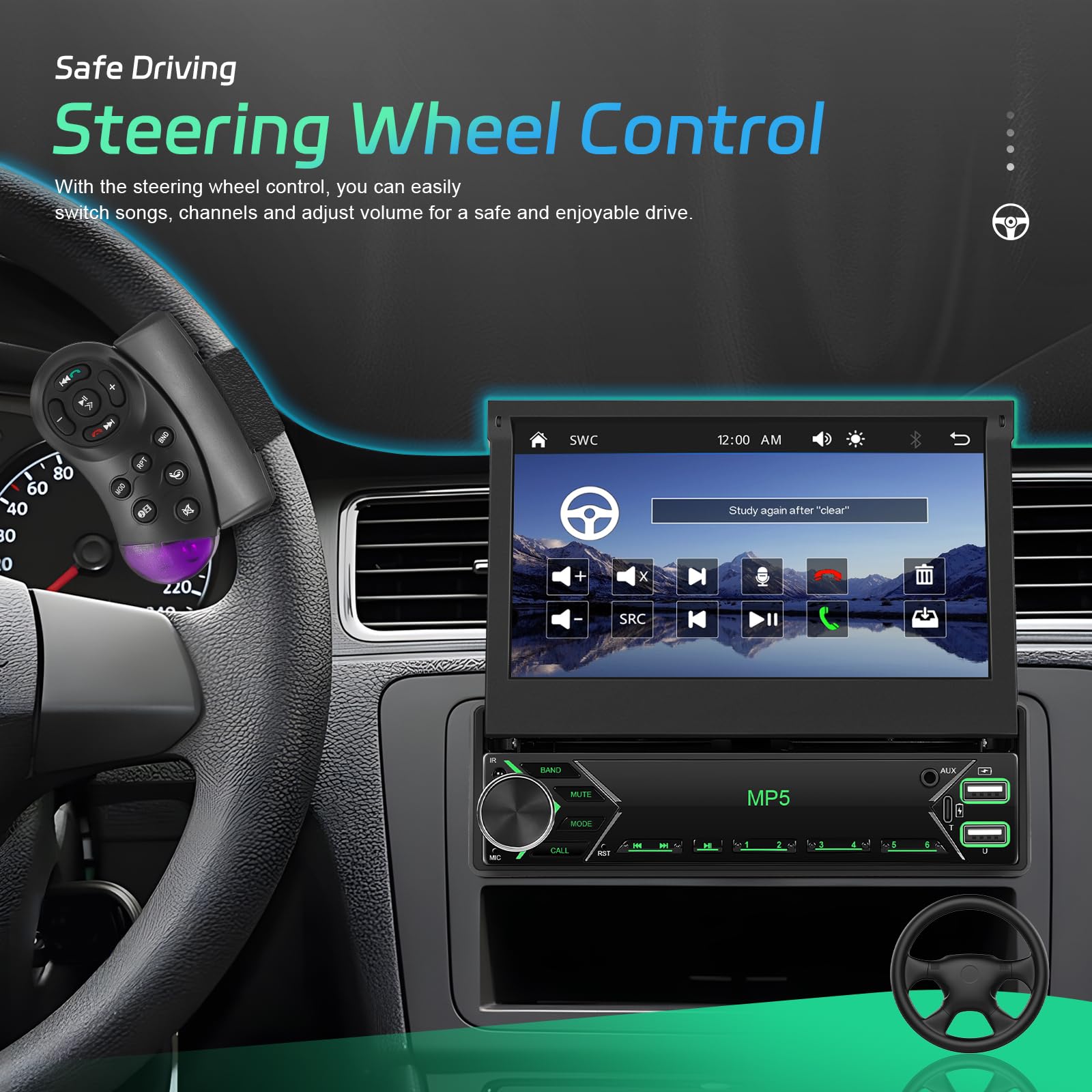 FM RDS 1 Din Autoradio Wireless Carplay Android Auto, Retractable Écran Tactile 7 Pouces Poste Radio Voiture Bluetooth, EQ, Mirror Link, Caméra de Recul, MIC, AUX, USB