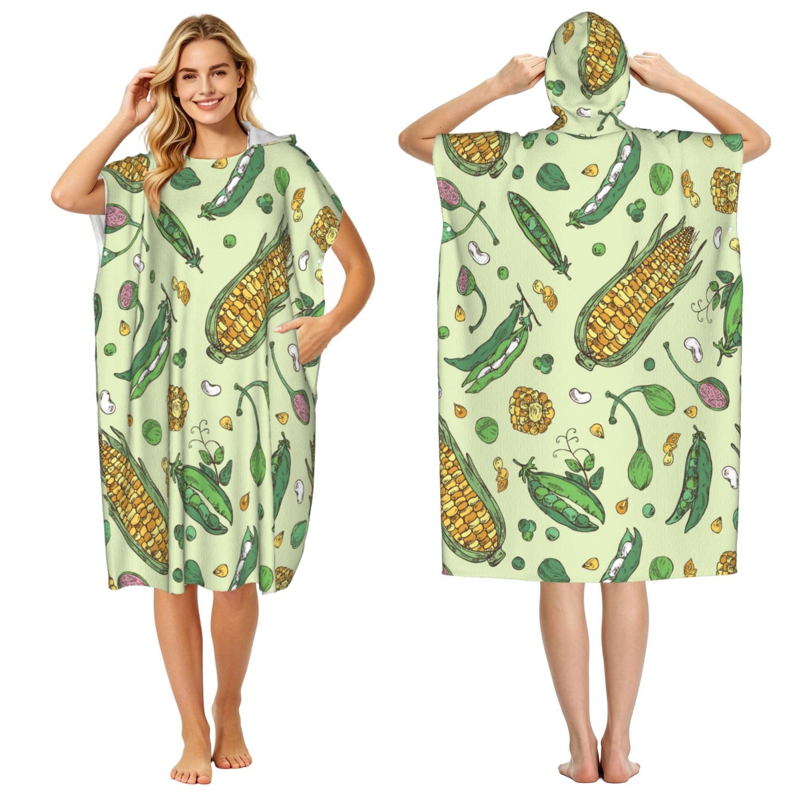 Poadnly Corn Peas Pod Beans Pod Caper, Adult Hooded Beach Towel 90 x 110 cm,Changing Bath Robe, Surf Poncho Towel For Women Men