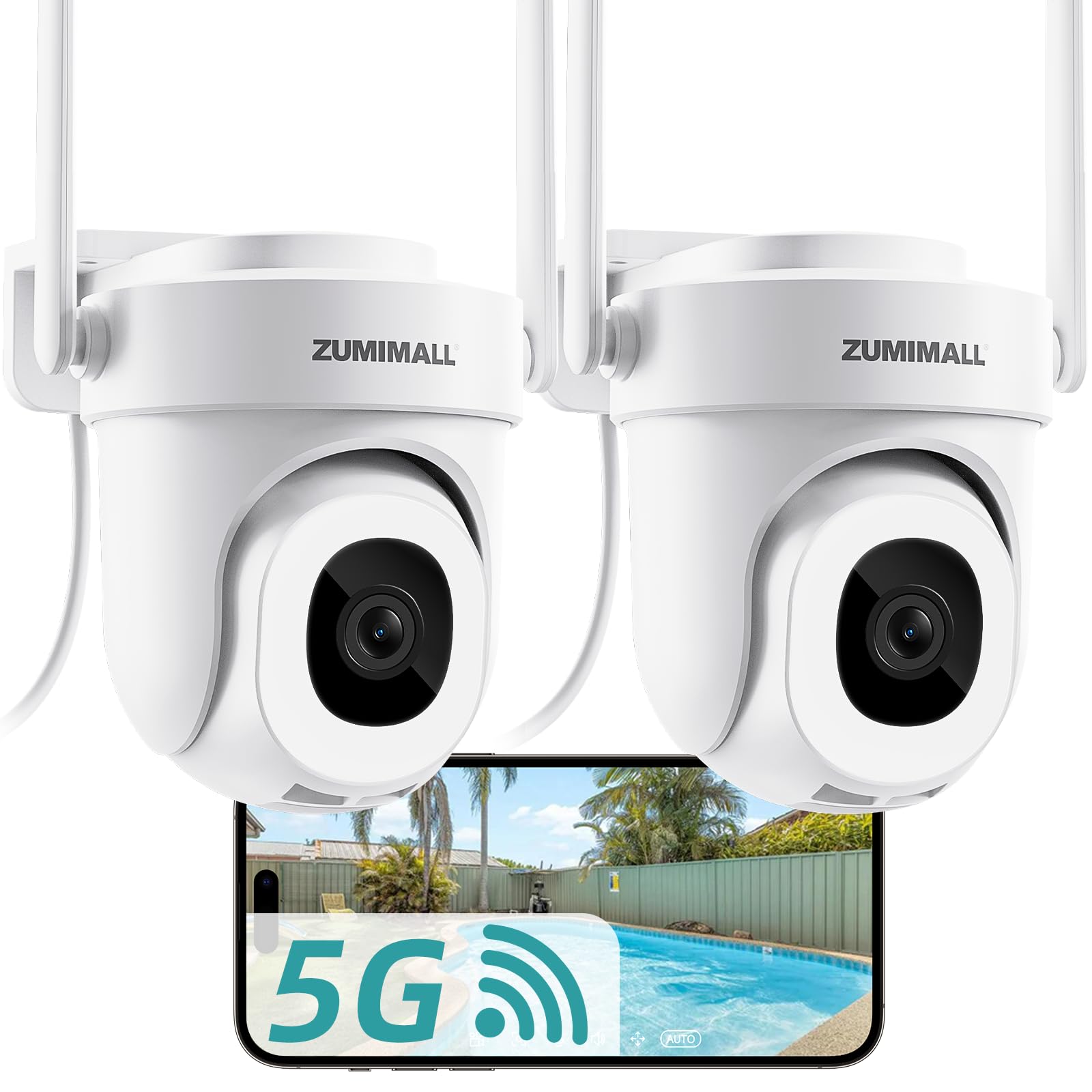ZUMIMALL 2K 유선 야외 카메라, 2.4G/5G Wi-Fi 보안 카메라, 3MP, 연중무휴 녹화, AI 모션 감지, 클라우드 및 SD 카드 스토리지, 양방향 오디오, 360° PTZ 자동 추적, 알렉사와 함께 작동, IP66-2팩