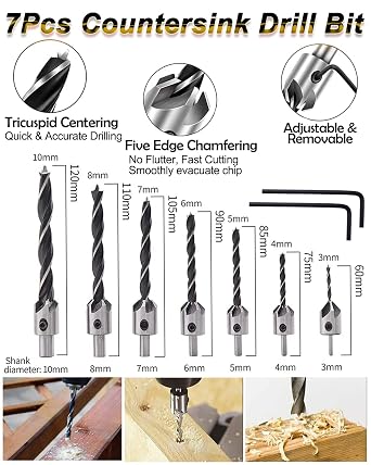Rocaris 39 Pack Woodworking Chamfer Drilling Tools, Including Countersink Drill Bits, L-Wrench, Wood Plug Cutter, Step Drill Bit, Center Punch, Drill Stop Bit Collar Set, Twist Drill Bit Tool