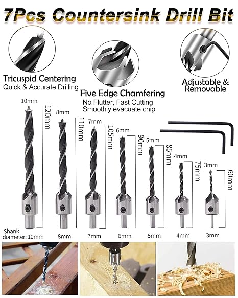 Rocaris 39 Pack Woodworking Chamfer Drilling Tools, Including Countersink Drill Bits, L-Wrench, Wood Plug Cutter, Step Drill Bit, Center Punch, Drill Stop Bit Collar Set, Twist Drill Bit Tool