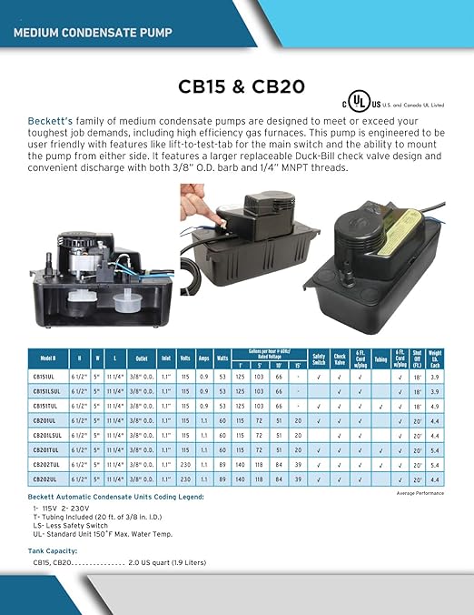 BECKETT CB201UL 115 VOLT CONDENSATE PUMP Beckett Corporation