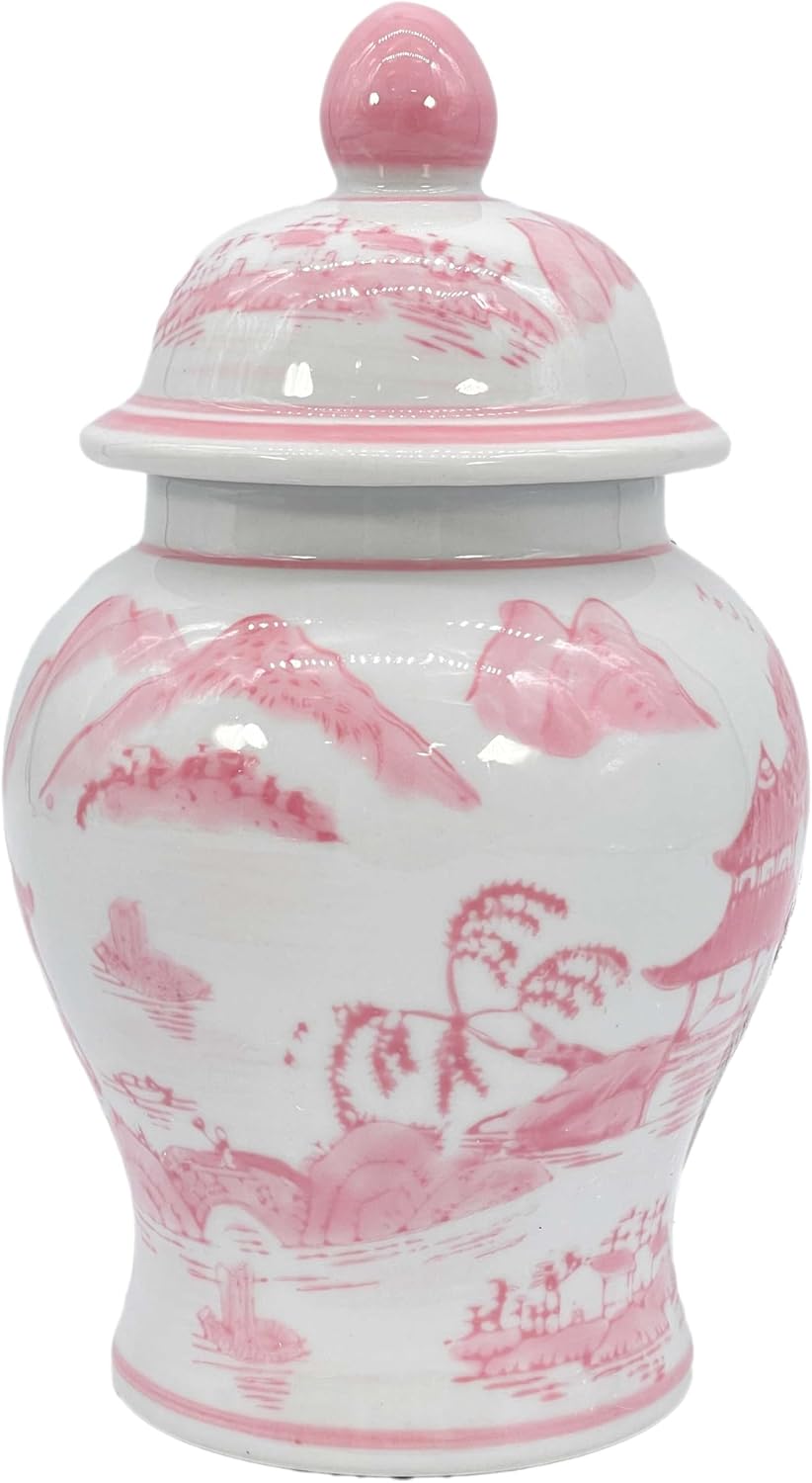 Galt International 8" Ceramic Ginger Jar w/Lid - Classic Chinese Style Porcelain Jar Tea Storage for Home Decor Decorative Centerpiece Vintage Accent Antique Vase Jingdezhen (Pink & White)