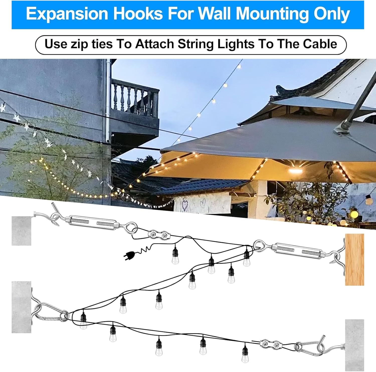 Upgraded Outdoor String Light Hanging Kit, 350ft Globe String Light Suspension Kit w/Expansion Hook, Stainless Steel 304 String Light Guide Wire, Black Guy Wire kit for Wedding Dinner Barbecue