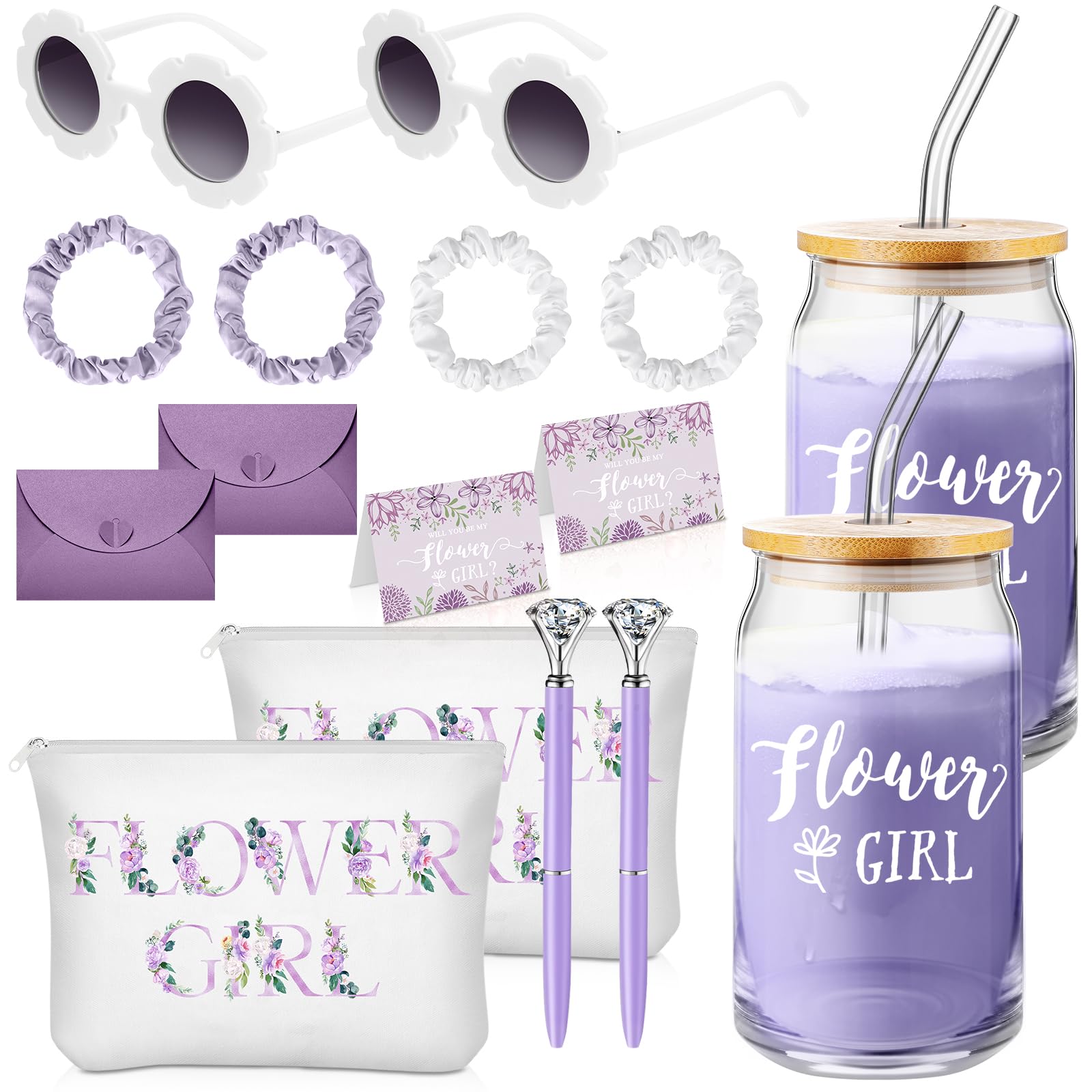 Meanplan 16 Pcs Be My Flower Girl Proposal Gifts Set Flower Girl Tumbler with Straws Makeup Bag Sunglasses Hair Ring Diamond Pen Envelope Card for