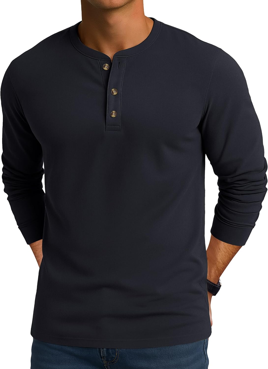 Cotrasen Mens Henley Shirts Cotton Long Sleeve Shirts 3 Button Tops Fashion Casual Basic Tee