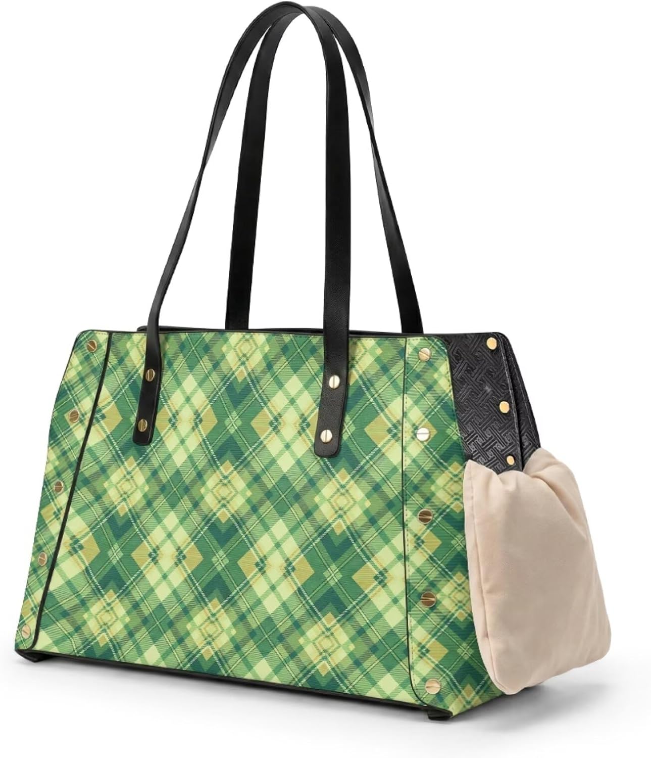 Scottish Plaid Print Dog Purse Carrier for Small Dogs, Waterproof Leather Pet Carrier Purse, Portable Removable Dog Bag Carrier Tote Purse with Cushion