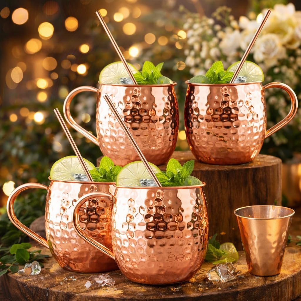 BOLD & DIVINE Moscow Mule Mugs - Set of 4-100% Pure Copper Mugs Large 16 oz - Food Safe - Premium Moscow Mule Cups Set of 4 | BONUS 4 Straws, 1 Shot Glass