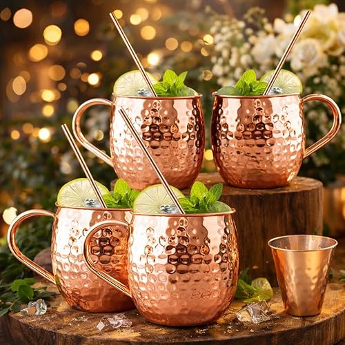 BOLD & DIVINE Tazas Moscow Mule - Juego de 4 tazas de cobre 100% puro grandes de 16 onzas, aptas para alimentos, juego de 4 tazas de Moscú Mule de
