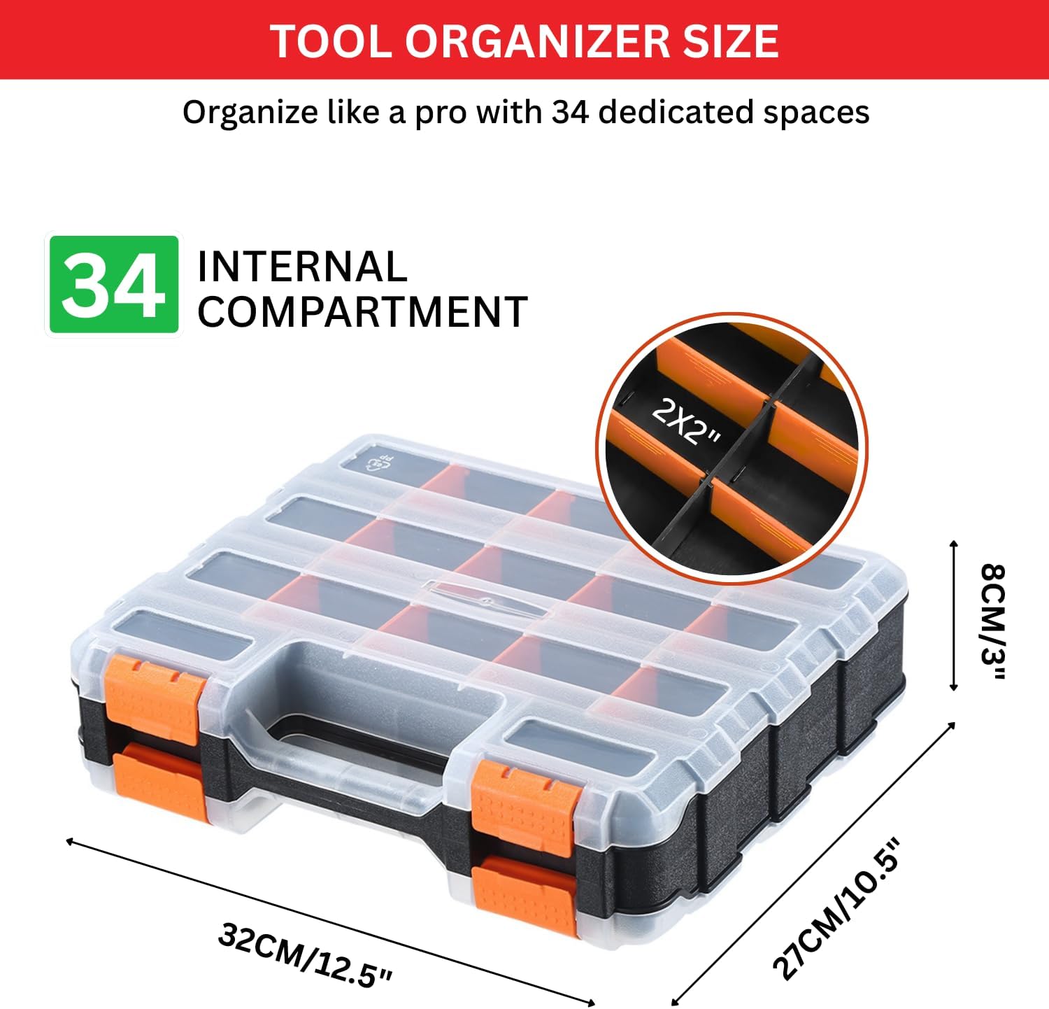 Andalus Tools Organizer Box, Small Parts Storage 34-Compartment Double-Sided Portable Hardware Organizer Removable Plastic Dividers for Screws, Nuts, Bolts, Nails – Orange (2 Pack, 12.5" x 10.5" x 3")