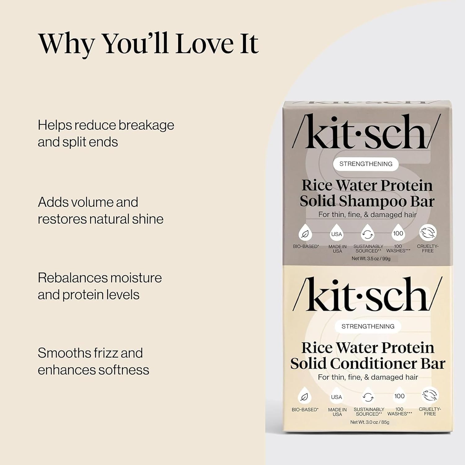 Kitsch Rice Water Shampoo & Conditioner Set – Solid Shampoo & Conditioner Bar with Protein for Hair Growth, Strengthening Hair & Damage Repair – Paraben, Sulfate & Silicone Free – 2 Pack