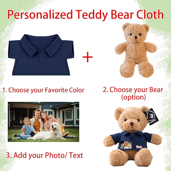 Custom Teddy Bear Clothes with Photo Text, Personalised Stuffed Animal Clothing Fit 8-16inch Stuffed Bear Clothing, Personalised Doll Clothes Make Your Own Plush Doll Shirt