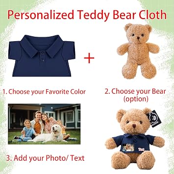 Custom Teddy Bear Clothes with Photo Text, Personalised Stuffed Animal Clothing Fit 8-16inch Stuffed Bear Clothing, Personalised Doll Clothes Make Your Own Plush Doll Shirt