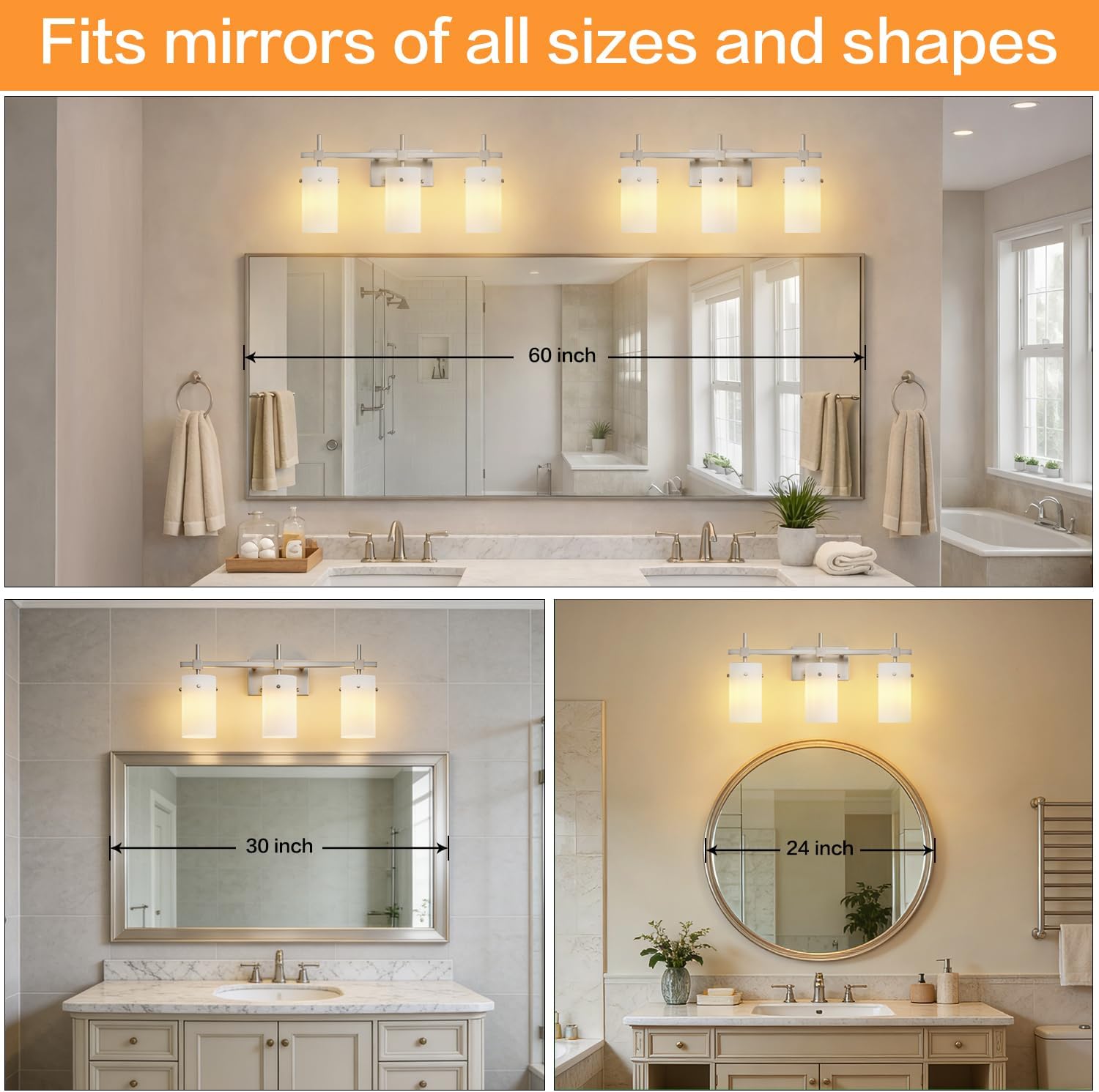 SOLFART Brushed Nickel Bathroom Light Fixtures, 3-Light Modern Vanity Light Over Mirror, Wall Sconces with Milky White Frosted Glass Shades, E26 Socket (Bulbs Not Included)