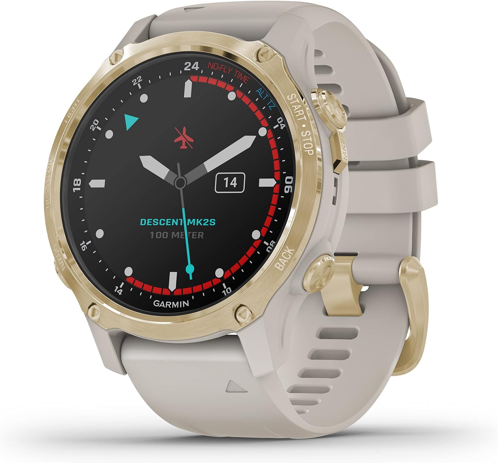 Garmin Descent Mk2S, Smaller-Sized Watch-Style Dive Computer, Multisport Training/Smart Features, Light Gold with Light Sand Silicone Band, (010-02403-00)