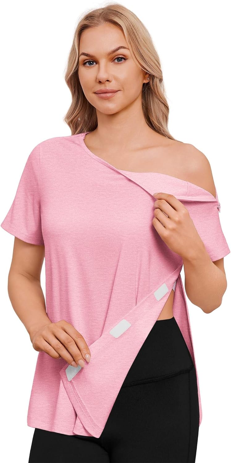 Deyeek Post Shoulder Surgery Shirts for Women Chemo Dialysis Port with 2 Shoulder Half Zippers After Rotator Cuff Tops